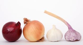 two types of onions and garlic on a table