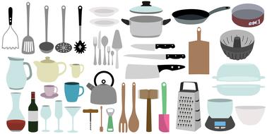 variety of kitchen utensils with illustrations