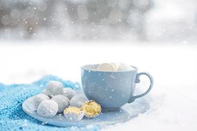 cup of hot chocolate and cakes on a plate under the snow