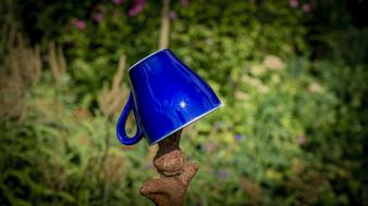 Beautiful, blue coffee cup on the fence, near the colorful plants