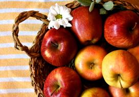 red-yellow apples in a wicker basket