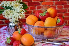 Beautiful and colorful strawberries and apricots in the glass bowl, near the white flowers, near the brick wall
