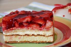 Beautiful red strawberry shortcake, on the colorful plate