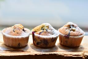 three Muffins with Blueberry on wooden bar