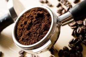 Beautiful, grounded, brown coffee powder among the coffee beans