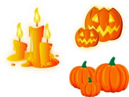 drawn orange pumpkins and candles on a white background