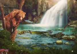 Brown Bear at Waterfall, collage