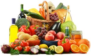 vegetables and fruits near wicker baskets