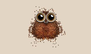 scattered grains of coffee and espresso in cups in the shape of an owl