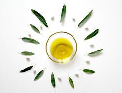 Olive Oil in glass surrounded with Leaves