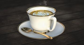 Beautiful white and gold cup of coffee with the flower drawing, with the shiny spoon on the saucer, on the wooden surface