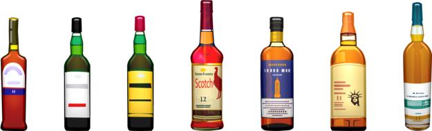 Colorful bottles, with the alcohol drinks, at white background, clipart