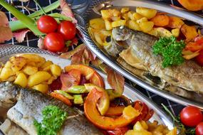 fried trout with pumpkin and potatoes