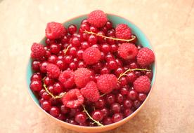 red currants and raspberries in a deep bowl close-up