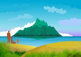 Beautiful drawing with the colorful landscape with the family on the shore