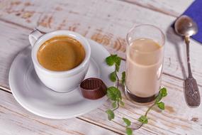 Beautiful cup of coffee with the chocolate, glass of coffee, shiny spoon and green leaves