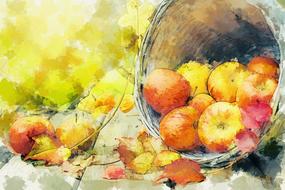 Beautiful and colorful painting of the autumn still life, with the leaves and basket, clipart