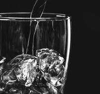 Beverage pouring on ice cubes in glass, Black And white