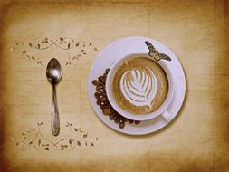 spoon near a cup of coffee on vintage paper