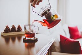 person pouring hot Drink from glass kettle to cup at home