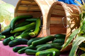 green zucchini in wooden barrels