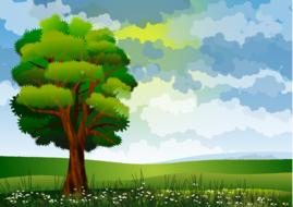 painted green tree in a meadow against a cloudy sky