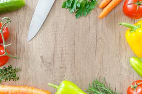 Wooden Table and Fresh vegetable