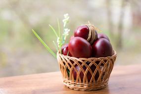 brown Easter eggs in the basket with beautiful flower decoration