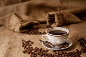 cup of hot coffee and bags with coffee beans