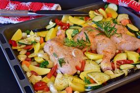 Colorful roasted chicken with vegetables