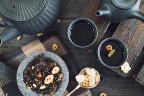 bowls with Tea and pots on table