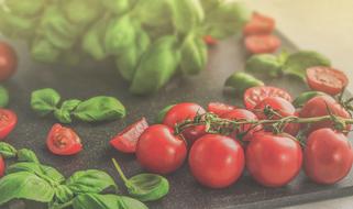 photo of cherry tomatoes on a branch and green basil