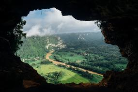 top view of scenic green valley with yellow River from Cave