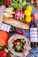 vegetables, bread and wine for a picnic