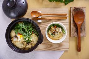 Korean fish soup and appetizer on a table in a restaurant