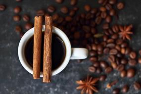 Closeup picture of Coffee in cup with Cinnamon at top and Spices