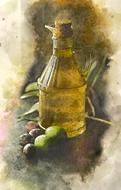 bottle with oil and olives, digital drawing