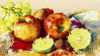 grapes, apples and mandarin, healthy food, digital art