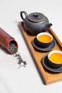 green tea on a bamboo tray