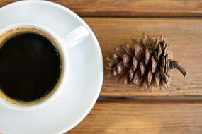 black coffee and pine cone