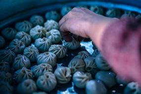 closeup picture of Chinese Dumplings and hand