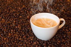 white cup of coffee on coffee beans