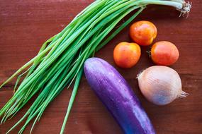 green onions, purple eggplant, tomatoes and onions on the table