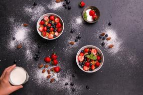 yogurt with berries and a glass of milk for breakfast