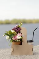 potted flowers and a glass of coffee on the promenade