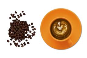 Coffee beans And orange cup of coffee with beautiful drawing at white background