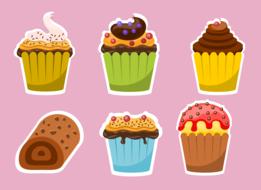 colorful cup cakes with toppings and roll, drawing