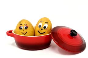 Smiling potatoes in the red gradient cooking pot at white background
