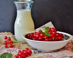 glass of milk with red currants in a white bowl on the table