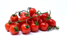 fragrant cherry tomatoes on a branch on a white table